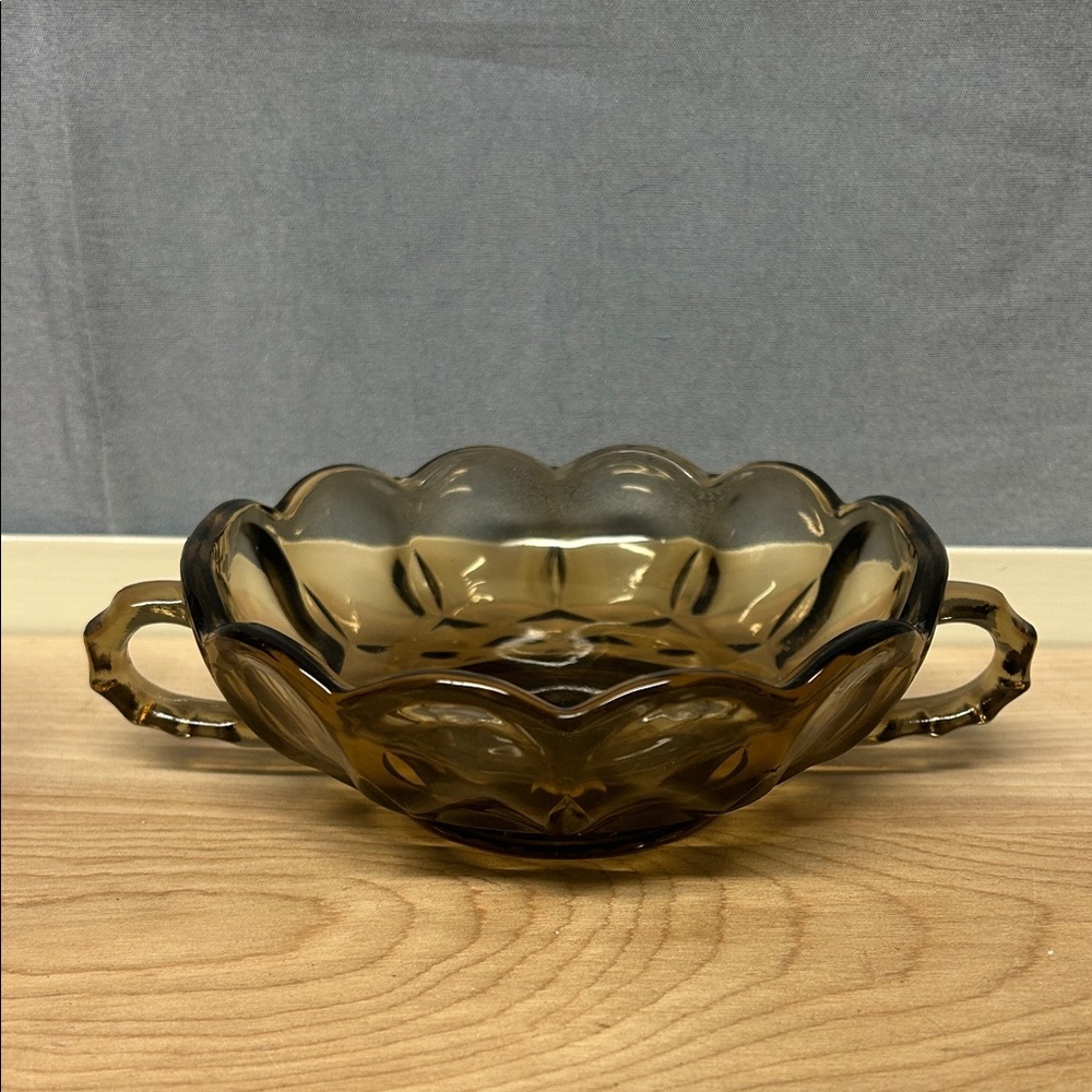 Vintage Anchor Hocking Fairfield Glass Smoke Color Two Handle Open Candy Bowl